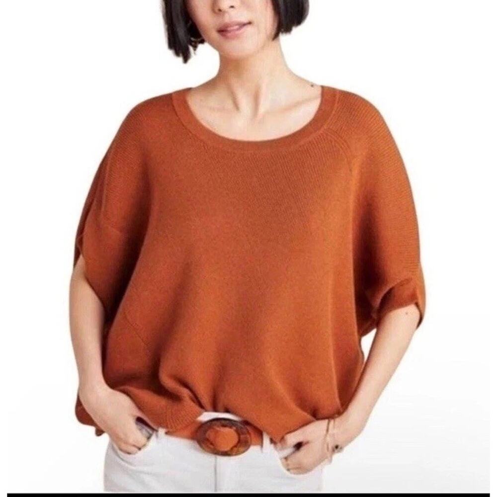 Anthropologie Vanessa Knit Poncho Sweater Rust Small Cozy Boho Cotton Blend